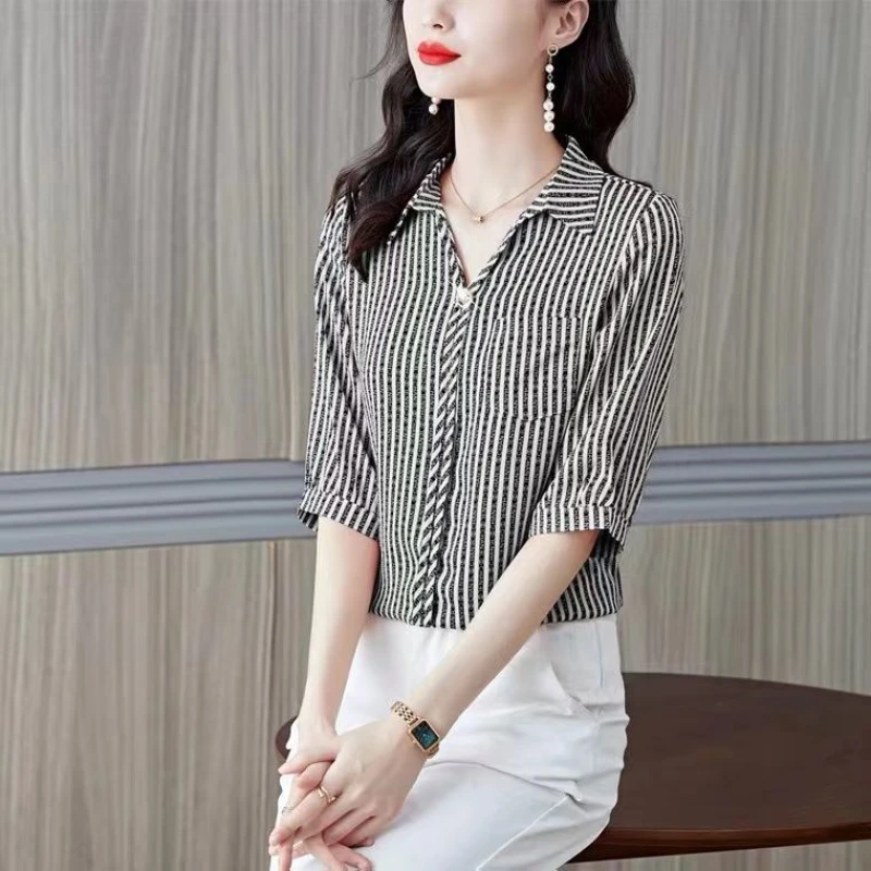 High-grade Silk Shirt Women's Short-sleeved New Summer Stripe Print Three-quarter Sleeve POLO Neck Panel Pocket Commuter Korean