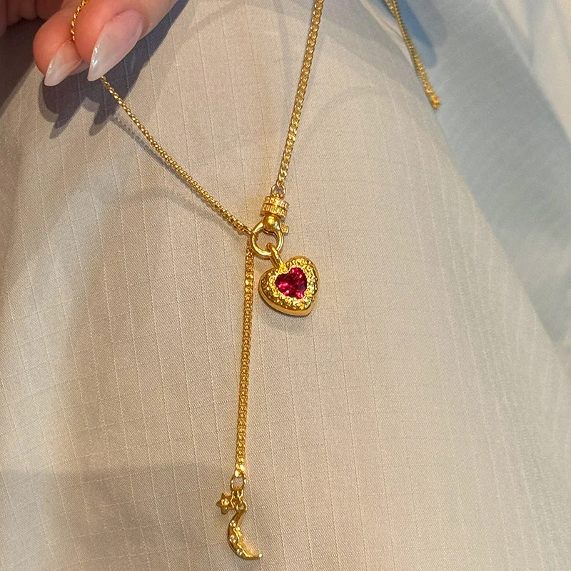 Collar con Colgante de Estrella y Luna en Forma de Corazón con Borla Brillante y Rubí Vintage, Cadena de Clavícula Roja Pequeña y Única, Joyería para Banquete, Regalo