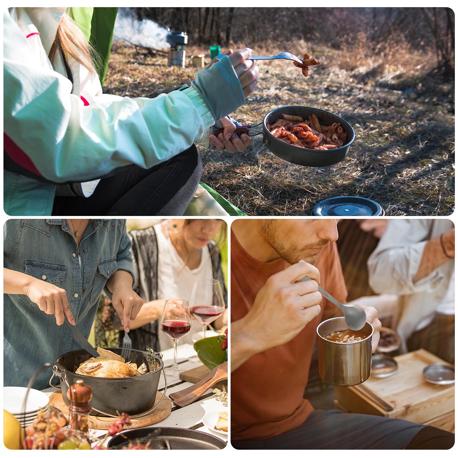 TOMSHOO Titanium 3PCS Cutlery Set Lightweight Spoon Fork Cutter with Carabiner and Drawstring Sack for Outdoor Camping Tableware