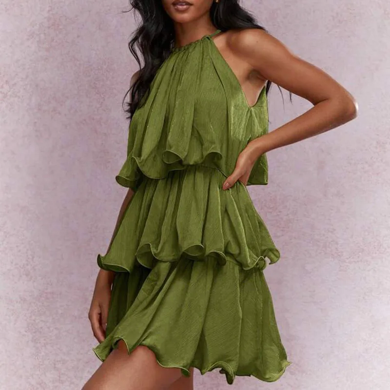 Feminino elegante cintura alta vestido de férias folha de lótus borda design em camadas cor sólida mini vestido clube festa sem mangas vestido de verão