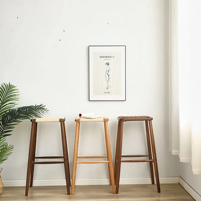 

Rope woven square stool dining solid wood high bar stool household woven living room low log dressing Nordic modern