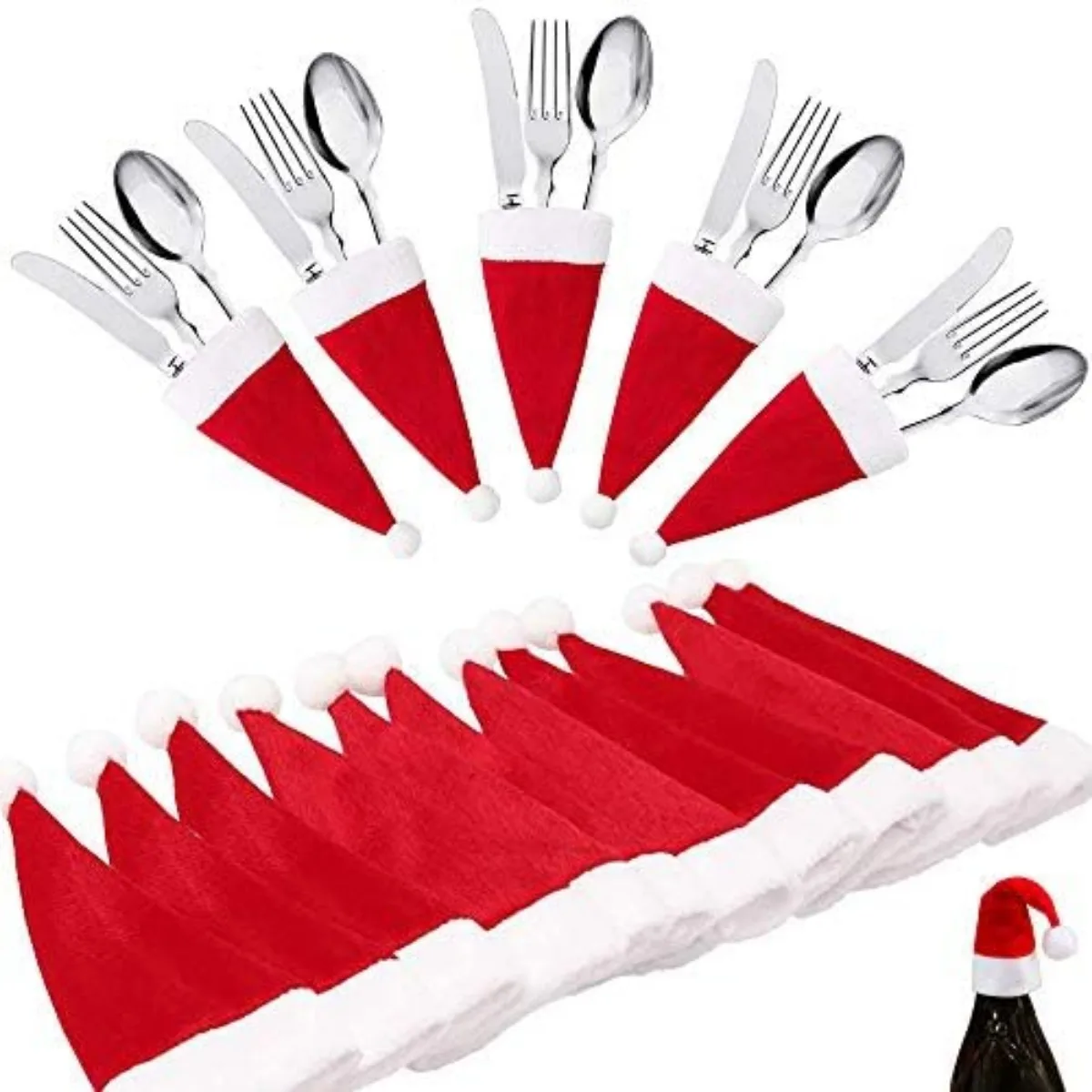 

12Pcs Christmas Tableware Silverware Holders Set Mini Santa Hats Knife Fork Bags Covers for Thanksgiving New Year Xmas Decor