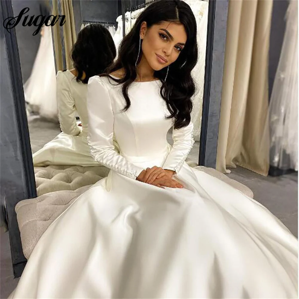 Modest Princess Wedding Dress Satin Long Sleeve Elegant Muslim Bride Dresses Buttons Country Wedding Gown Vestido de novia