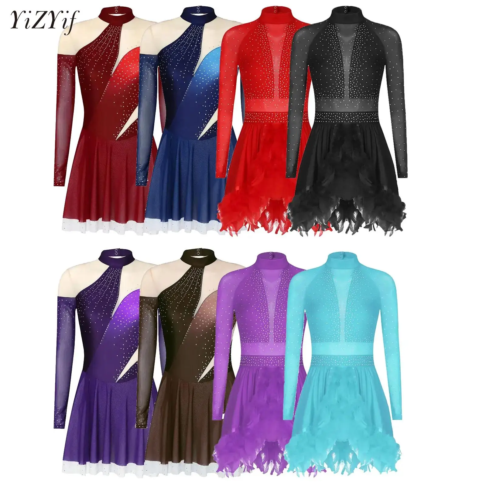 

Women Figure Skating Leotard Dress Lyrical Latin Dance Ballet Gymnastics Bodysuit Long Sleeve Rhinestones Mesh Skirted Jumpsuit
