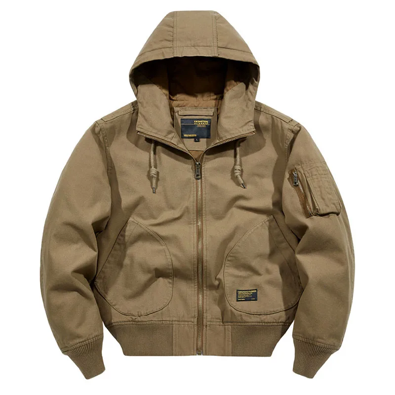 Mcikkny Men Autumn Cargo Jackets Hooded Multi Pockets Loose Flight Outwear Coats Plus Size M-4XL