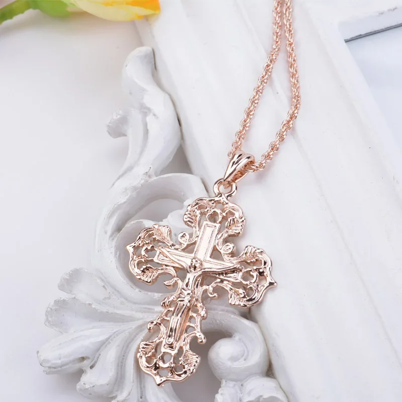 Shamty Cross Necklace Vintage Rose gold Color Fashion Jewelry Necklace Pendants Jesus Cross Orthodox Chain Jesus Christianity