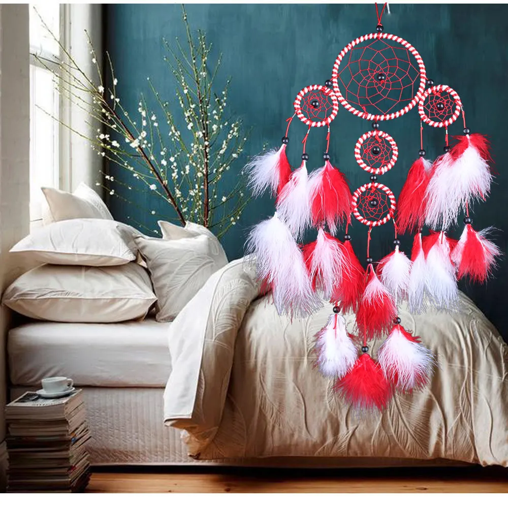 Two-Tone Furry Dream Catcher, 5 Rings Boho Wall Hanging, Wholesale Feathered Wind Chime, Bulk Macrame Decor