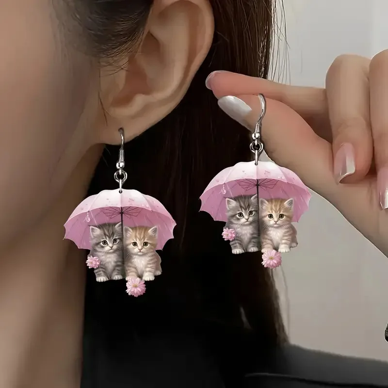 

New Cute Umbrella Kitten Acrylic Earrings Cat Earrings