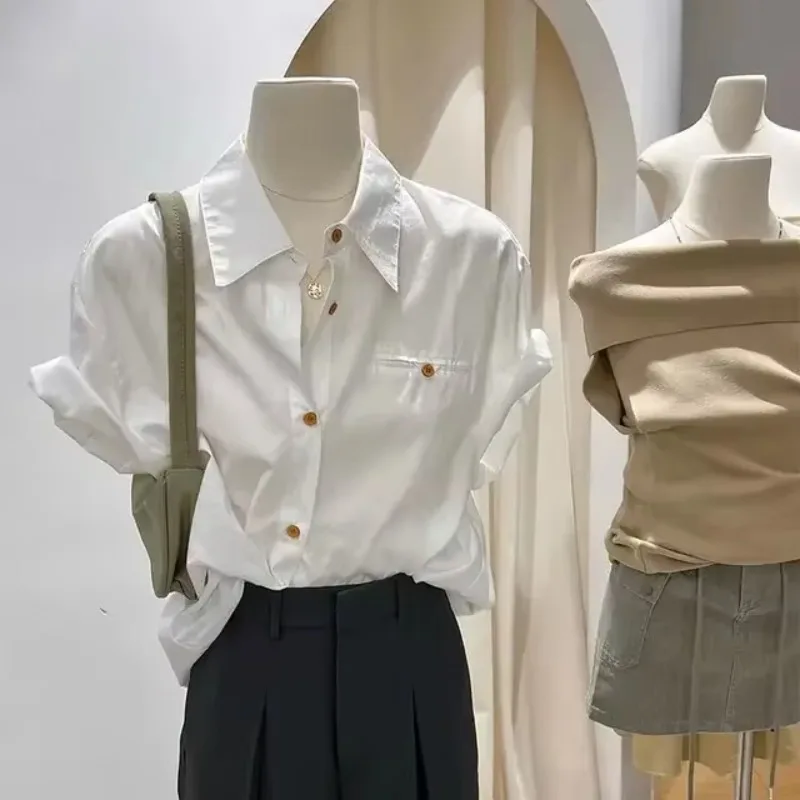 

Office Lady White Blouse New Women's Clothes Camisas De Mujer Simple Loose Thin Shirts Short Sleeve Vintage Summer Blouses Tops