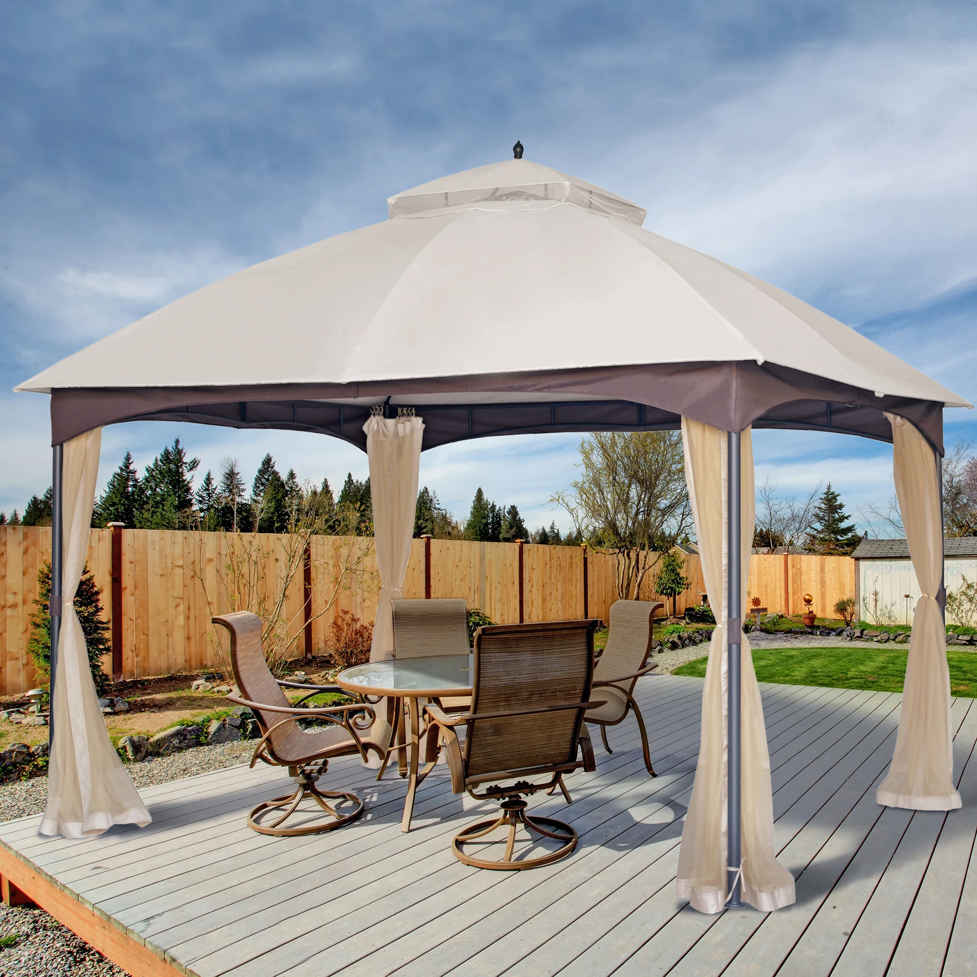 10 ft. x 12 ft. Beige Soft Top Steel/Metal Outdoor Patio Gazebo for Shade and Rain with Mosquito Netting, Waterproof Soft Top