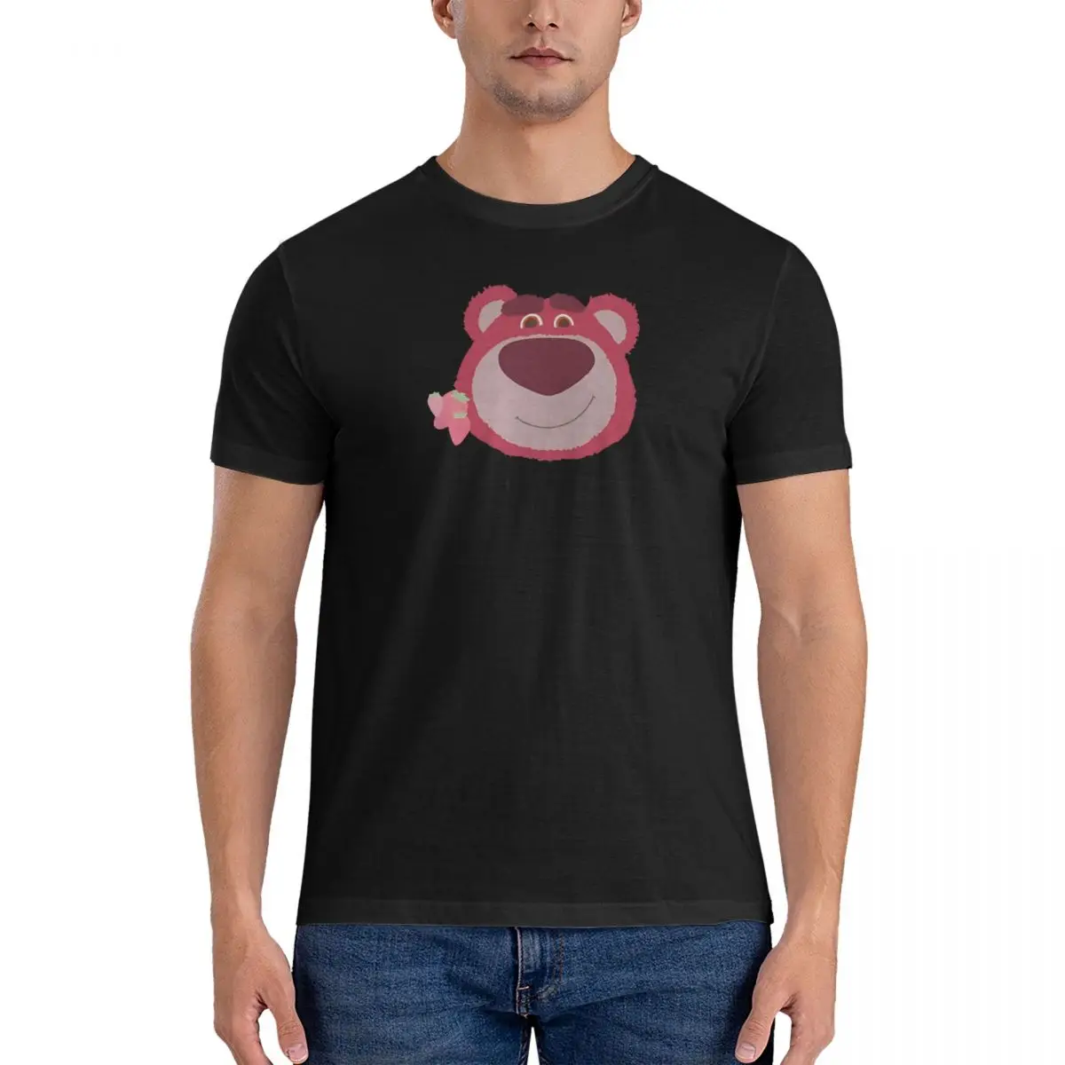 Strawberry Bear Lotso Men T Shirt Disney Toy Story Casual Tee Shirt Short Sleeve Crewneck T-Shirt Pure Cotton Gift Idea Clothes