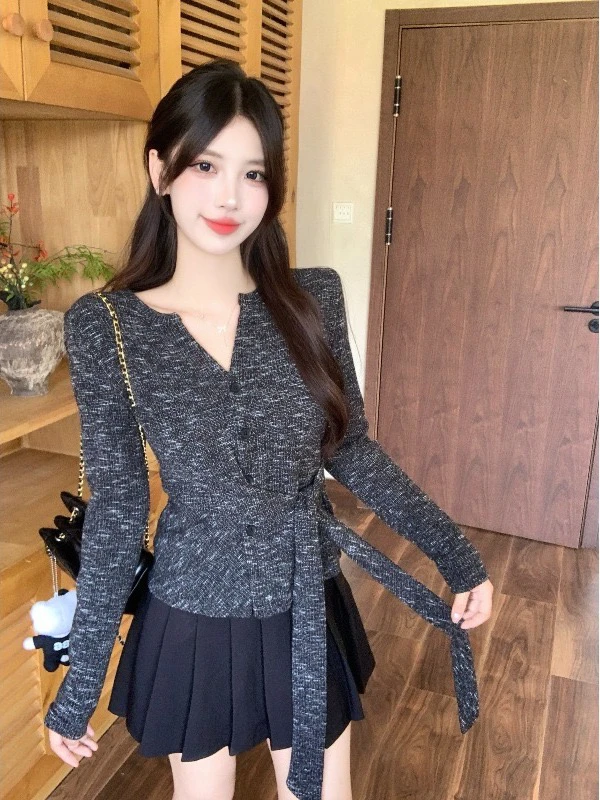 

plus Size Women's V-Neck Belted Waist Sweater Long Sleeve Coffee Knitted Top Design Sensation Commute Style Regular Fit