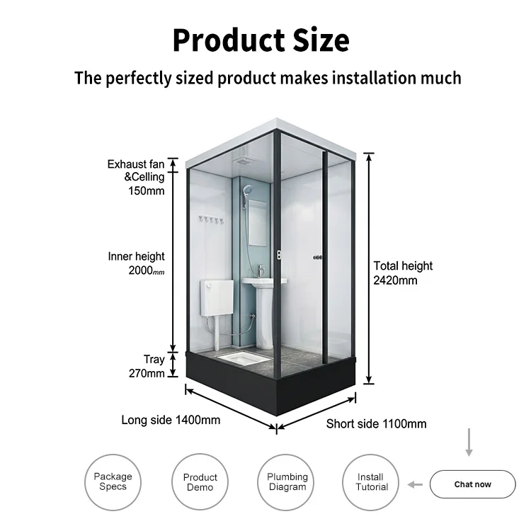 YEETE CE Certified Prefab Bathroom Pod Modular All-in-One Shower Unit Sliding Tempered Glass Door Aviation Aluminum PVC Soft