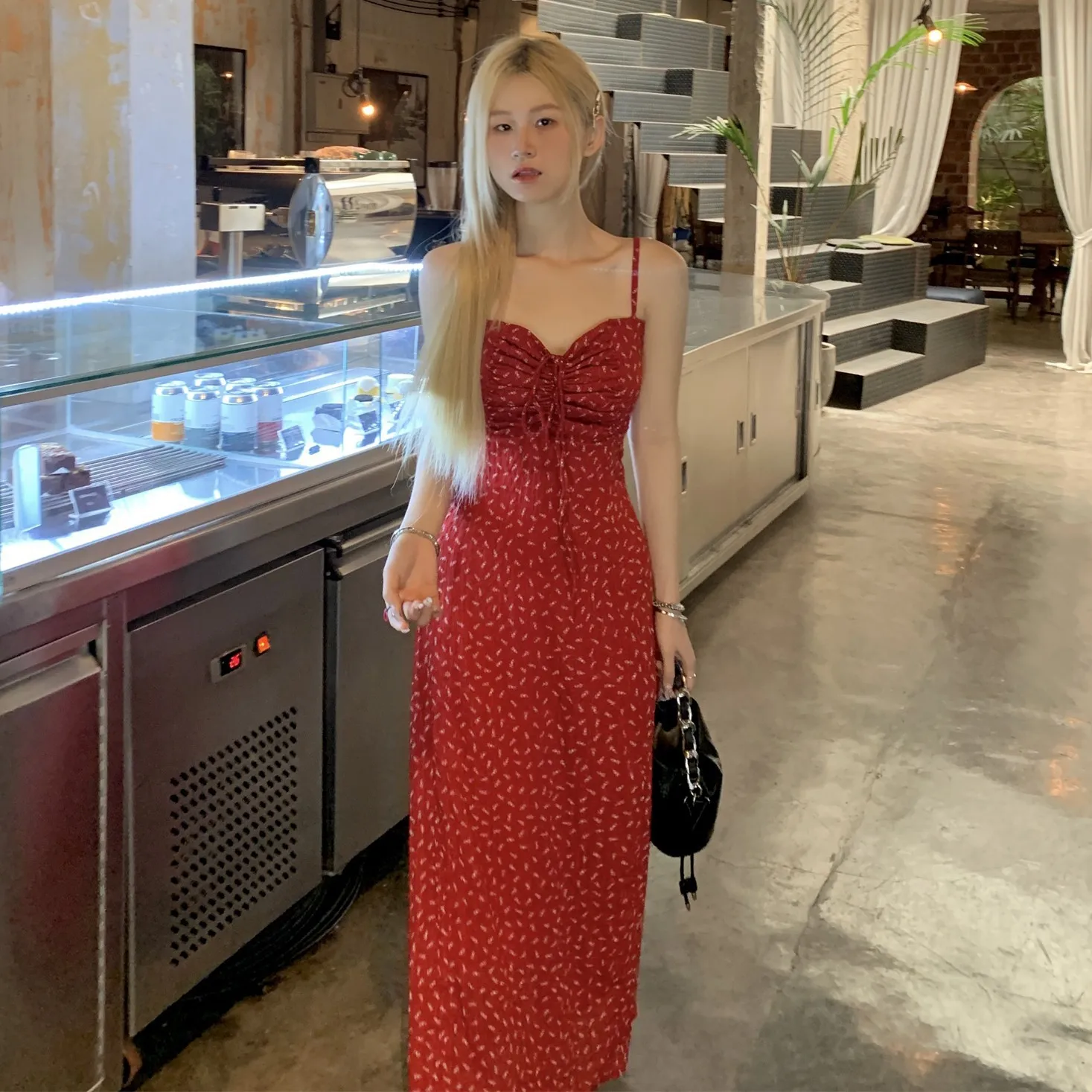

Plus-size Temperament Sweet Drawstring with Floral Halter Dress Ladylike Style Thin Sexy Ankle Long Skirt