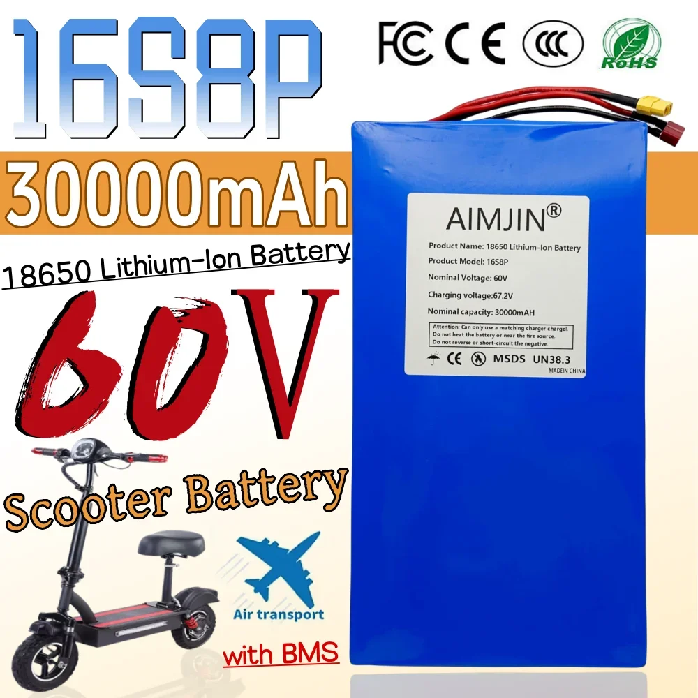 

18650 16S8P 60V Rechargeable Battery 30000mAh High-capacity Lithium-ion Battery Pack 30Ah With BMS For Electric Scooter Battery