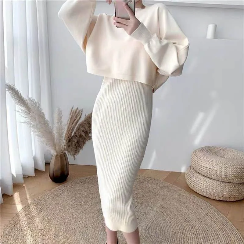 Elegant Dress Sets Long Sleeve Sweaters and Knitted Bodycon Skirts Matching Sets Loose Korean Style Casual Women Two Piece Set