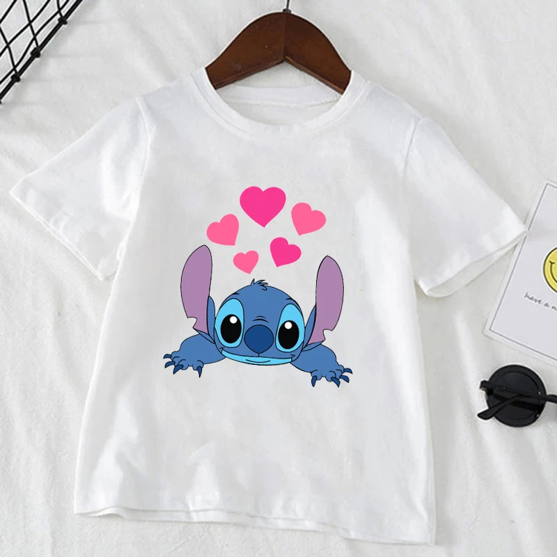 Cute Disney Stitch Print Kids T-shirts Summer White Short Sleeve Boys Girls Tee Shirt Child Cartoon Harajuku Tops Clothes