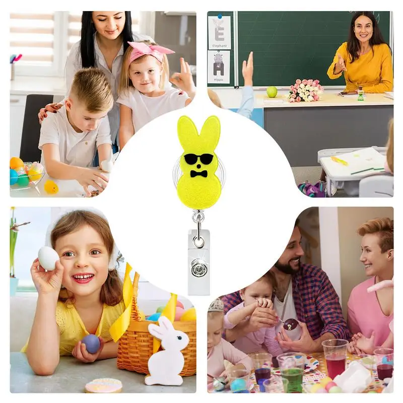 Держатель для удостоверения личности с милым кроликом, акриловый блестящий выдвижной пасхальный зажим, бейдж, катушка, держатель для карт для врачей, медсестер, студентов, учителей