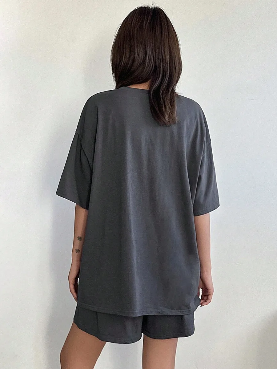 

Women Loose Casual Letter Print Short Sleeve Top And Shorts Pajama Set
