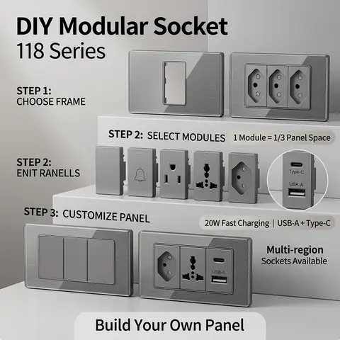 Placa de Pared Modular de Vidrio Templado de 2x4 Pulgadas, Enchufe Dúplex NEMA5-15R, Combinación de Módulos de Enchufe Estándar para EE. UU., UE, Italia, Chile y Otros Países