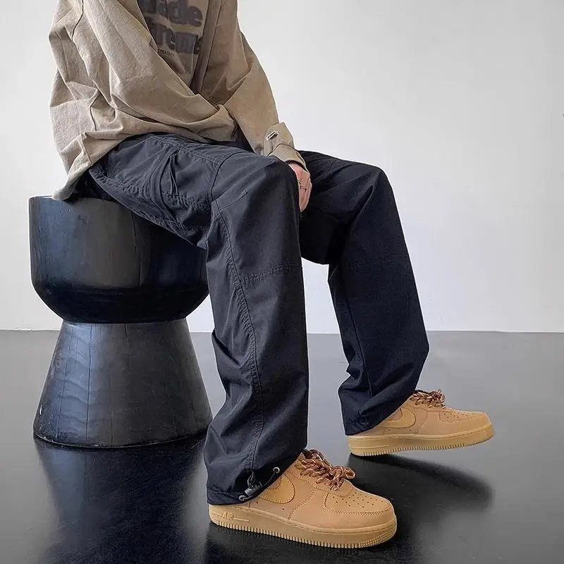 Men Windproof Cargo Pants Loose Straight Leg Hiking Trousers High Street Casual Workwear
