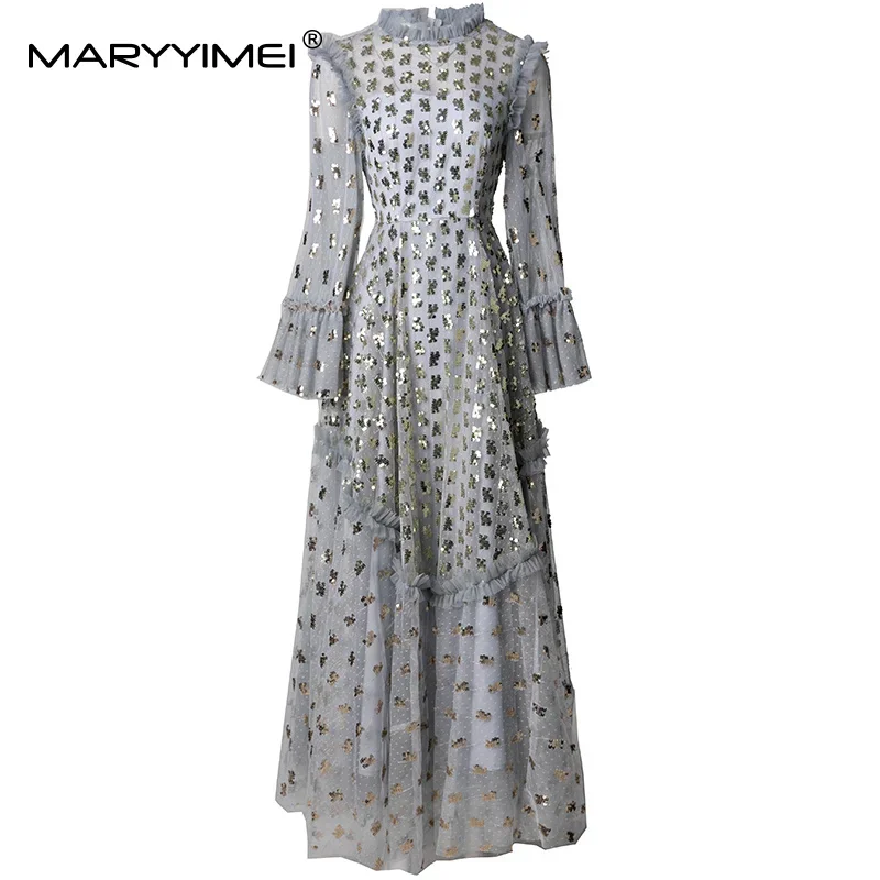 MARYYIMEI Spring Summer Fashion design Women's Dress Flare Sleeved High waist Sequins Edible Tree Fungus Edge S-4XL Dresses