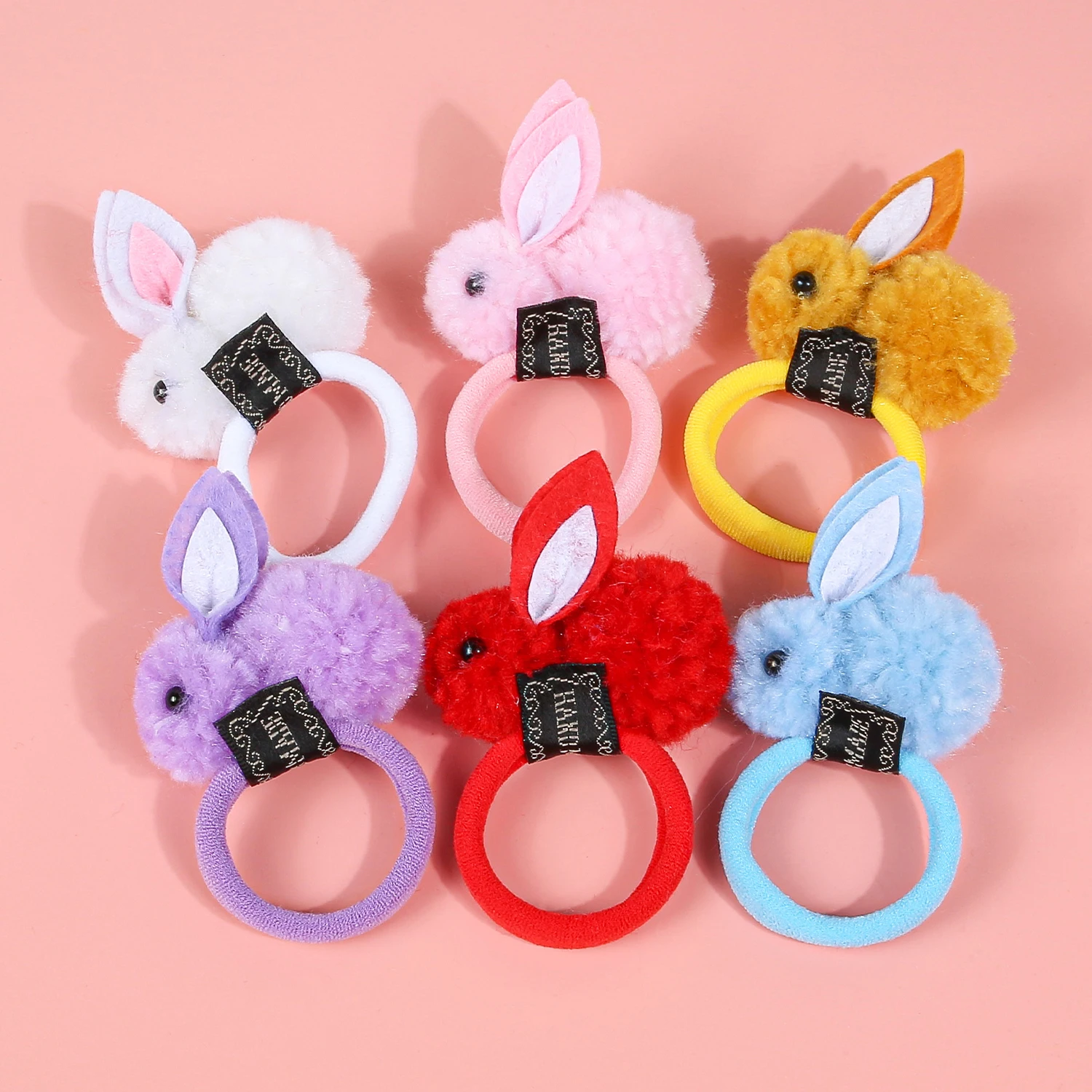 

6pcs Plush Ball Rabbit Hair Ties Kids Girls Hair Bands Elastic Nylon Headband Floarl Ponytail Holder Easter Hair Accessory
