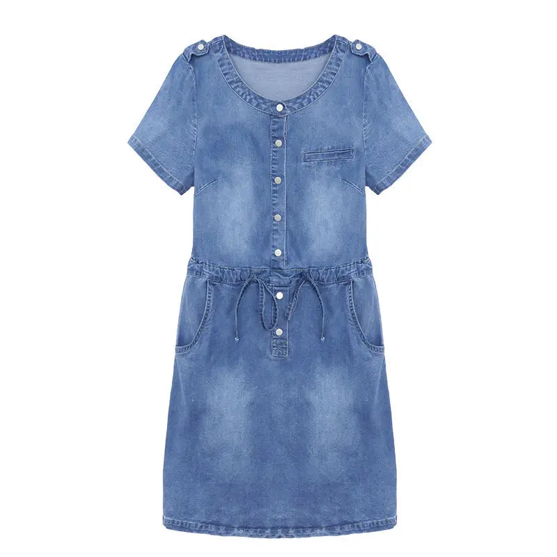 

Women Casual Denim Dresses 2025 Spring Summer Elegant Short Sleeve Button Jeans Dresses Office Ladies Party Robes 3XL