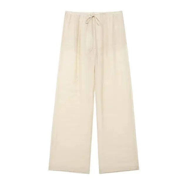 

BabYoung Fashion Translucent Pama Style Casual Summer Thin Drawstring Decorated Women's Pleated Wide Leg Pants