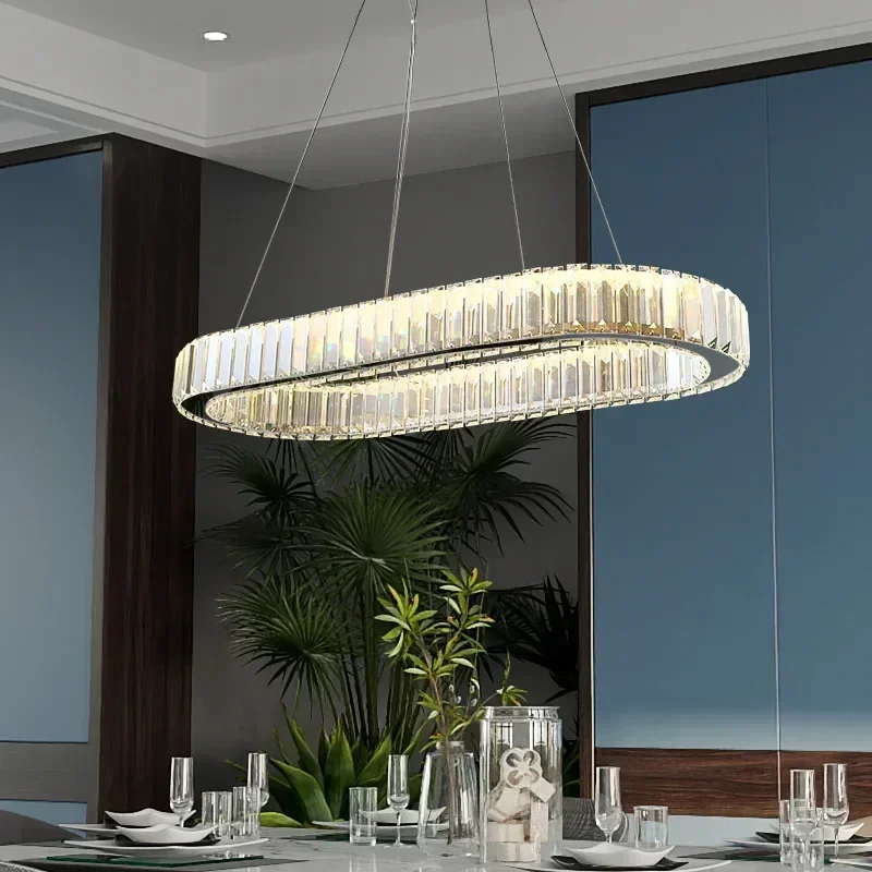 Led Luxury Crystal Ceiling Pendant Lamp  Modern Simple Atmosphere Duplex Building Restaurant Ring Lamp Lustres Home Decor Lamp
