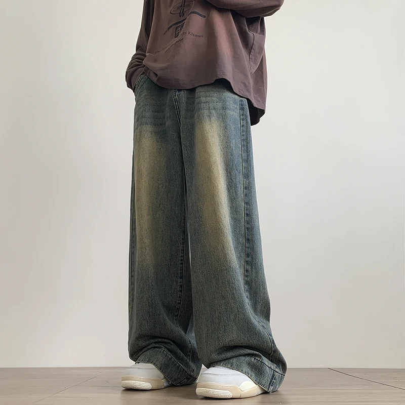 Niepokojone Vintage niebieskie dżinsy spodnie męskie spodnie dżinsowe z szerokimi nogawkami męskie Oversize Streetwear moda luźne, proste dżinsy na co dzień