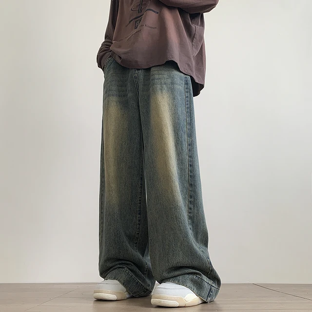 Niepokojone Vintage niebieskie dżinsy spodnie męskie spodnie dżinsowe z szerokimi nogawkami męskie Oversize Streetwear moda luźne, proste dżinsy na co dzień