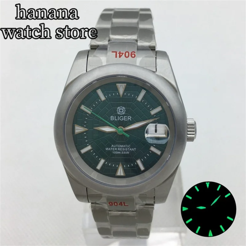 

BLIGER 36mm/39mm NH35A automatic men's watch Blue ribbon dial Green luminous brushed bezel stainless steel bracelet