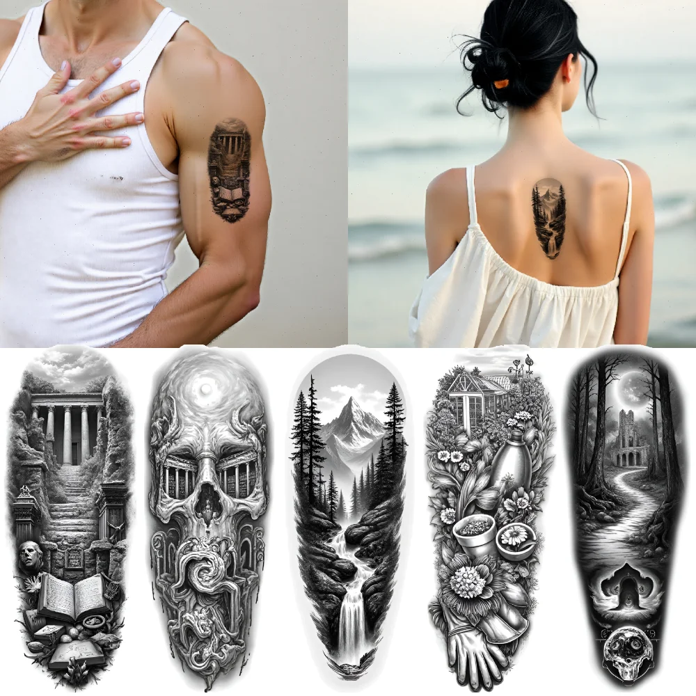

12 шт., временные татуировки, сцены природы, водонепроницаемые долговечные наклейки для тела, фэнтезийные пейзажи, черный и серый реализм для оружия