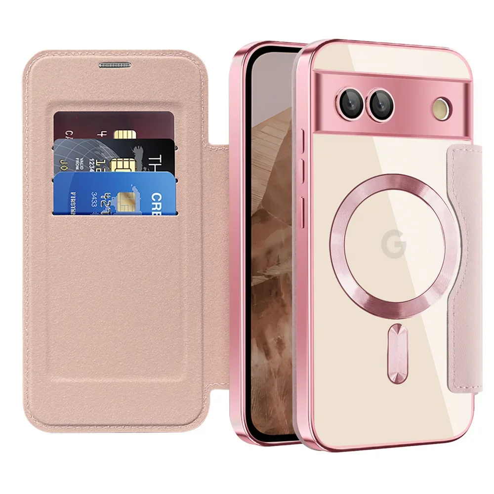 Luxury Leather Wallet Card Clip Magnetic Clear Phone Case for Google Pixel 9 Pro XL 8A 7A Plating Wireless Charging Flip Cover