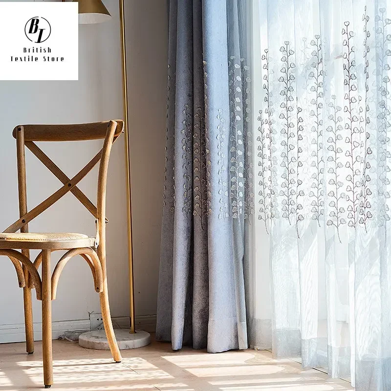 

Modern Curtains for Living Dining Room Bedroom Light Gray Embroidered Window Screen Hemp Yarn Retro Custom Kitchen Curtains