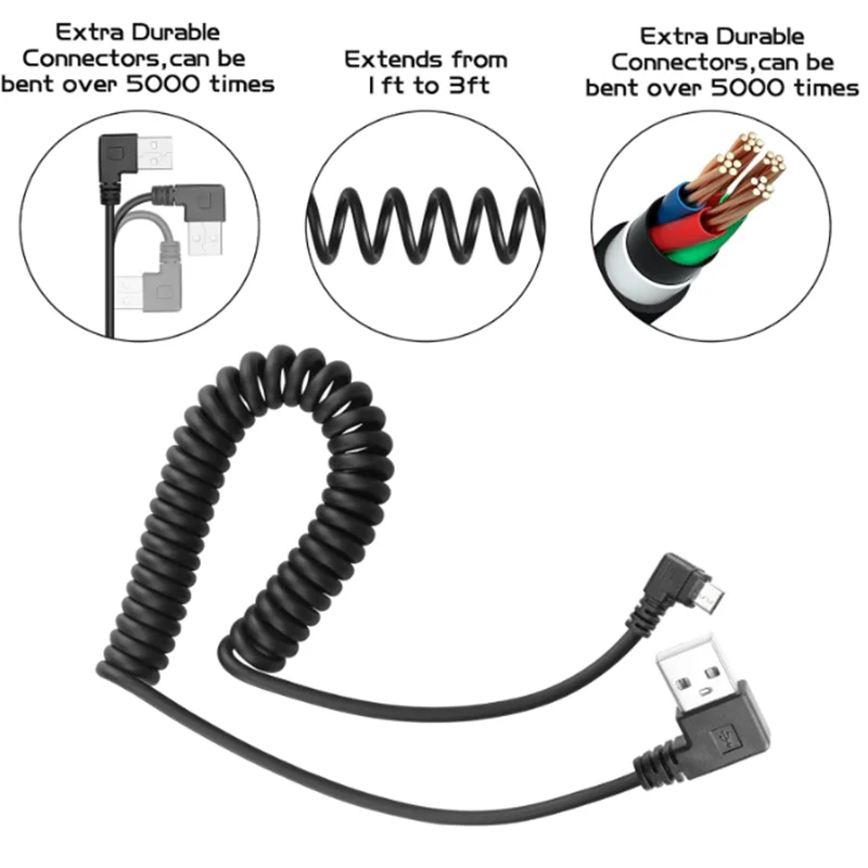 USB 2.0 to Micro USB 90 Degree Sync Charging and Data Transfer Spring Coiled Cord for Smartphone Tablet Wall and Car Charger