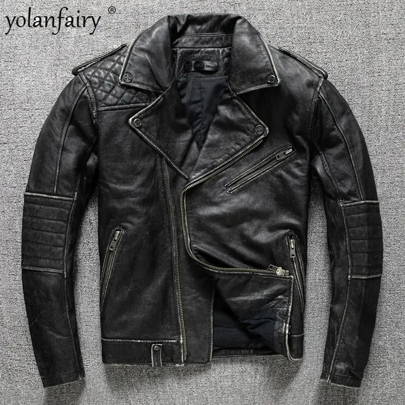 Motorcycle Genuine Leather Jacket Men Vintage Retro Top Layer Pure Cowhide Coat Male Clothing Spring Fashion Outwear Chaquetas F