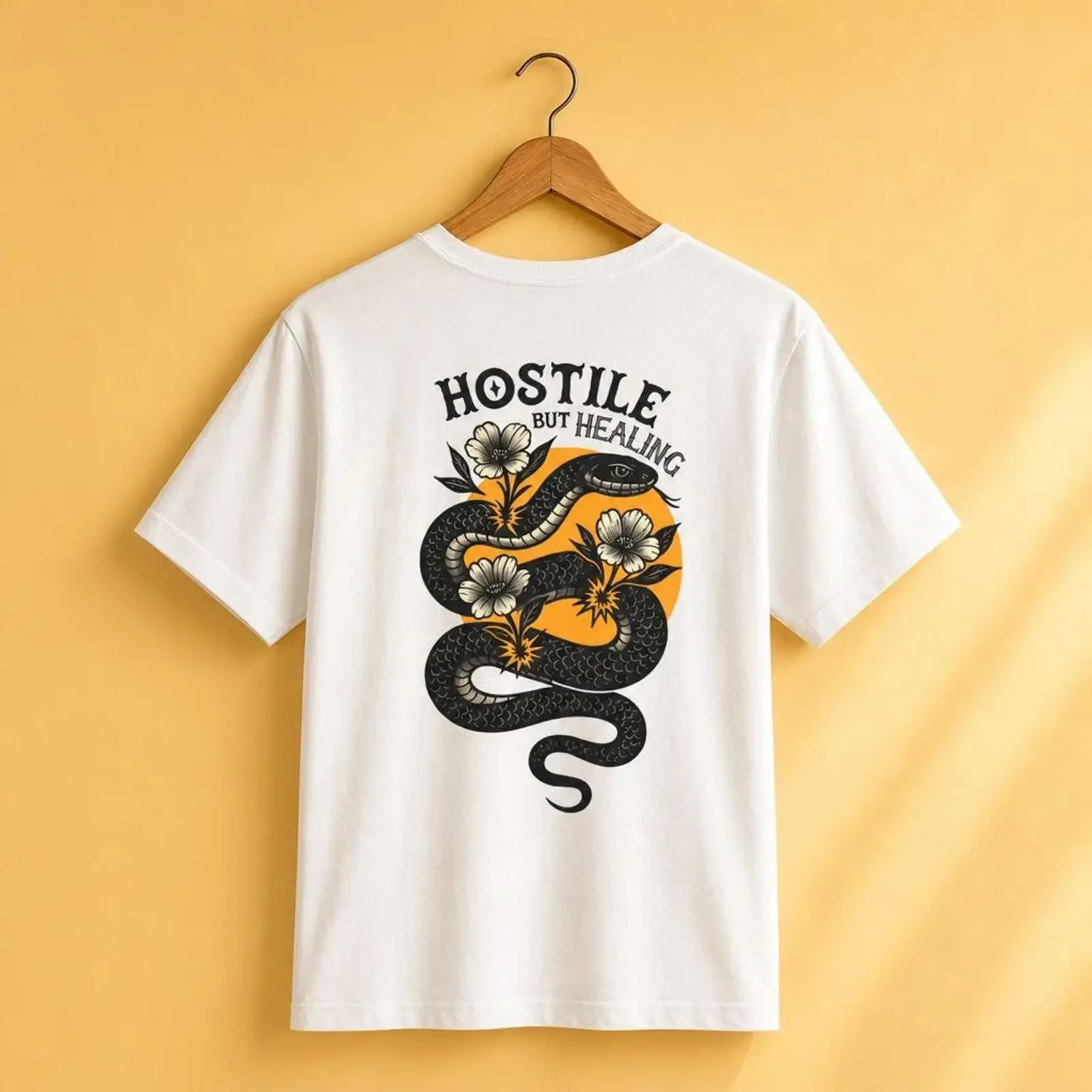 Hostile But Healing Snake Floral Back Print T Shirt Sarcastic Gothic Dark Humor Therapy White Cotton  vintage Washed fashion