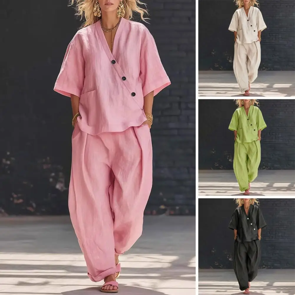 

Комплекты из двух предметов Gauze для женщин: футболки с коротким рукавом на пуговицах + длинные брюки, удобный спортивный костюм