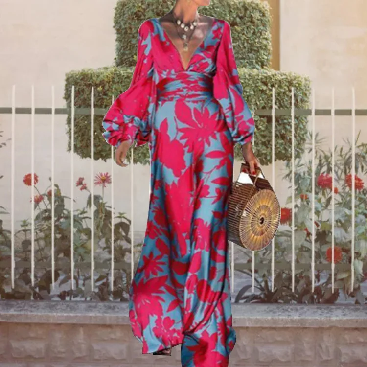 

Sexy V Neck Long Sleeve Dress Office Lady Spring Summer Fashion Elegant Floral Print Lantern Sleeve Dresses For Women 2023