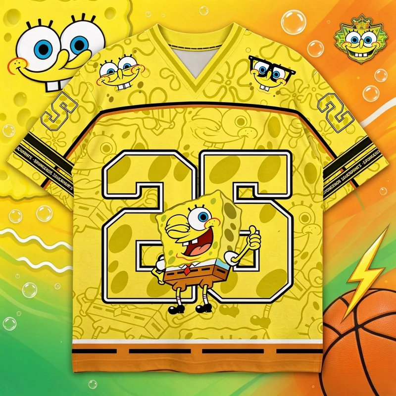 2026 Summer Potdemiel SpongeBob SquarePants Anime 3D Print Rugby Style Jersey T-Shirt Casual Hip Hop Streetwear Family Kids Tees