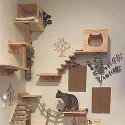 Cat Climbing Wall Mounted Hammock Scratching Post for Cat Wooden Furniture Ladder Steps Cats Sleeping and Playing