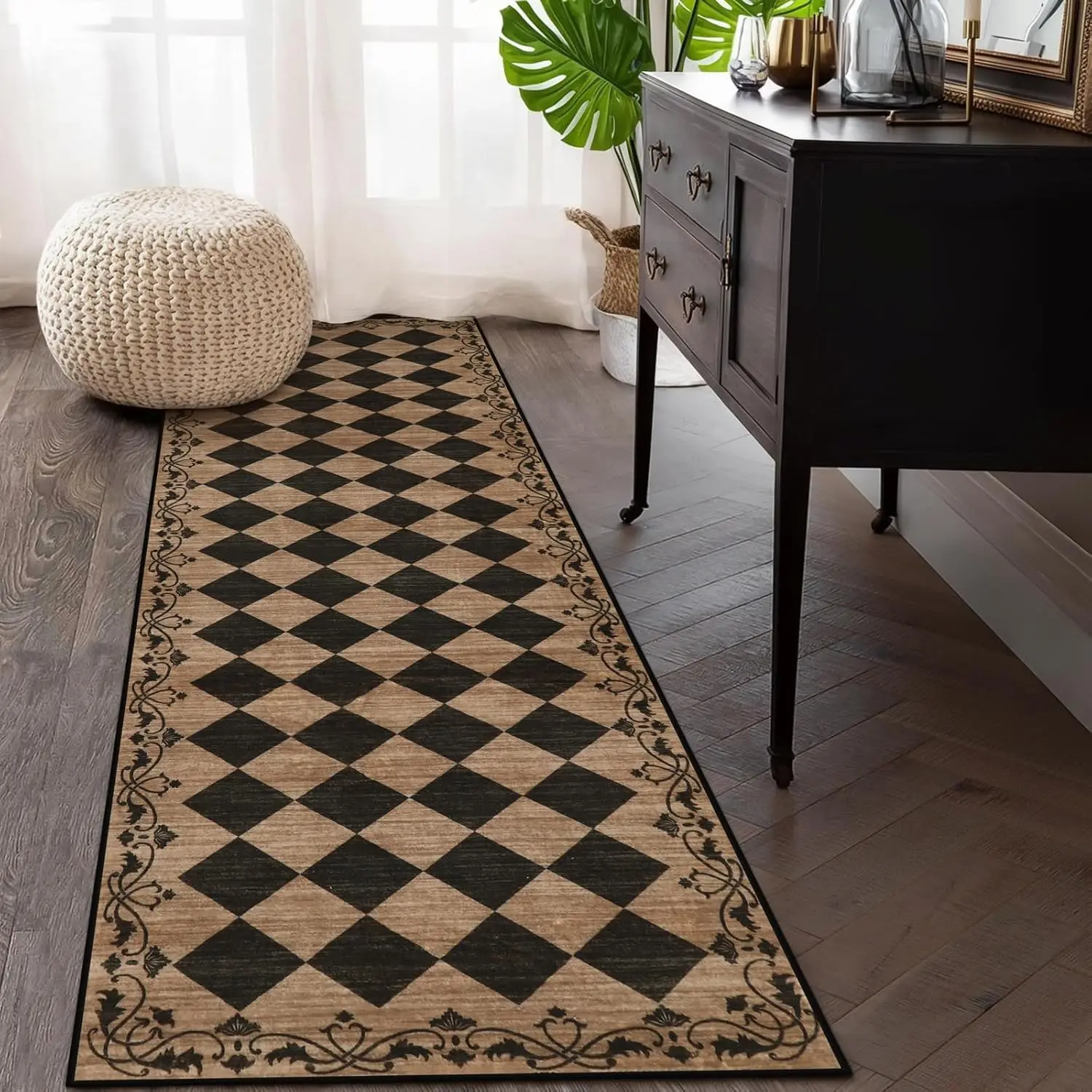 Checkered Hallway Runner Rug Vintage Kitchen Runner Rugs Non Skid Washable,Stain Resistant Ultra Thin Entryway Decor Framhouse