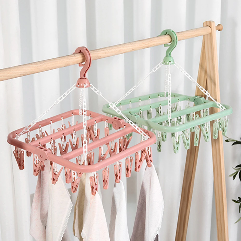 32 Clips Folding Clothes Dryer Hanger Windproof Socks Underwear Drying Rack Household Children Adults Storage Laundry Rack