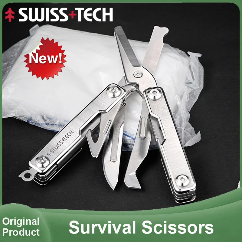SWISS TECH Rescue Survival Scissors 9 In 1 Outdoor EDC Mini Multitool Keychain Multi Tools Window Breaker Gifts for Men