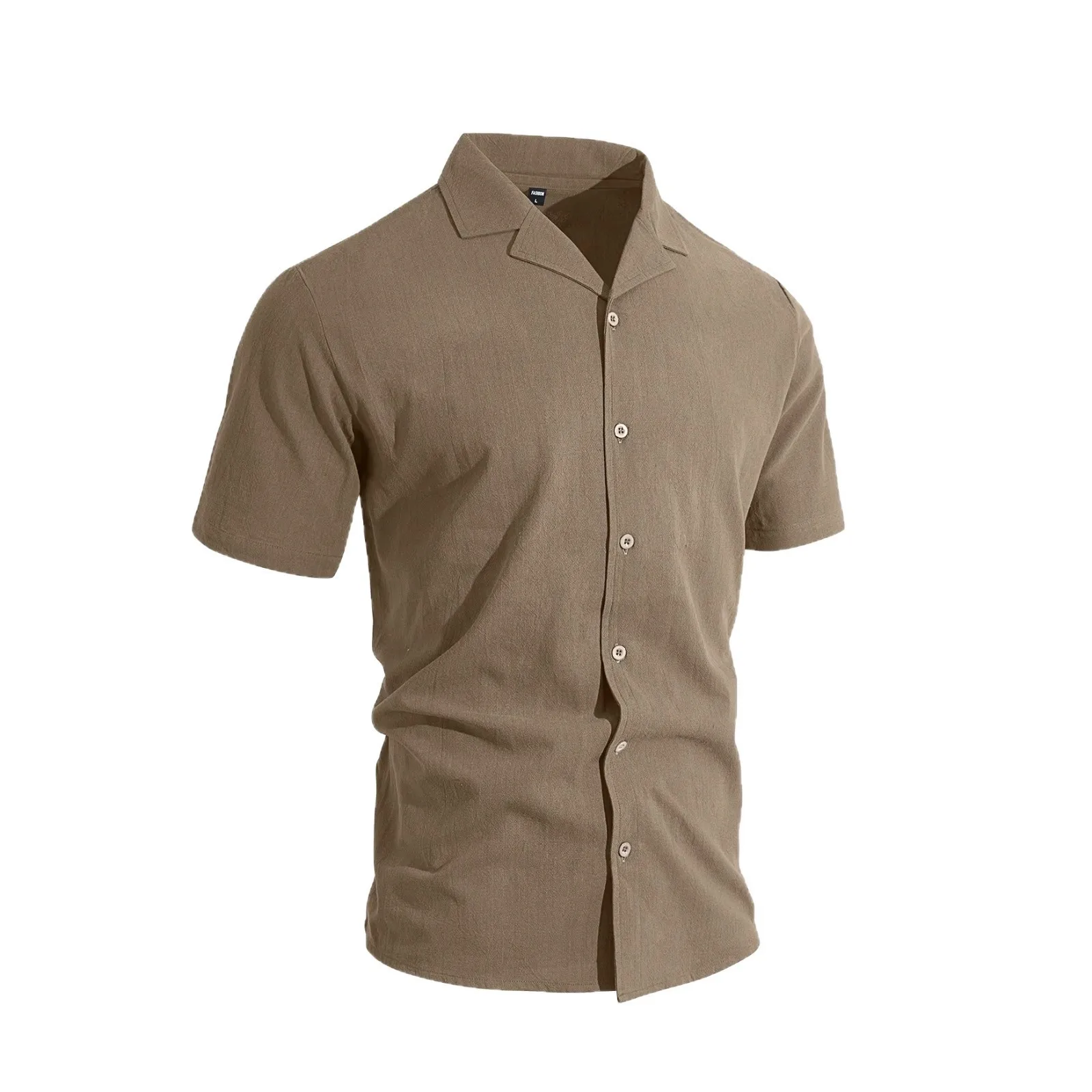 

Men's Solid Color Cotton Linen Short Sleeve Shirt Loose Fit Casual Open Collar Relaxed Button down Shirt