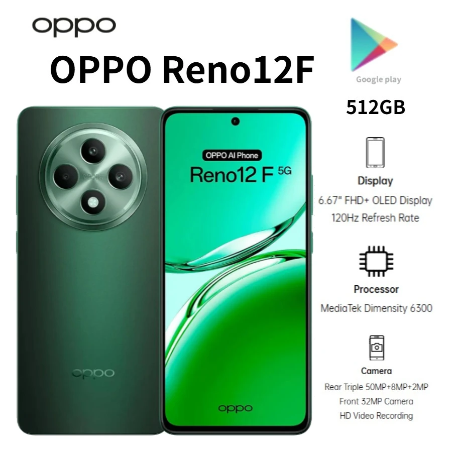 The all-new 2026 OPPO Reno12 F Global Edition smartphone, featuring 512GB of storage and a 6.67-inch HD display