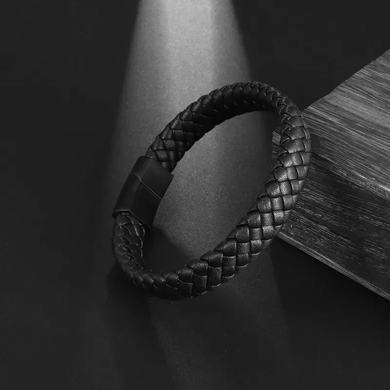 Classic Single Layer Black Hand Woven Leather Bracelet with Metal Magnetic Clasp Men\\'s Fashion Business Jewelry Gift image 3
