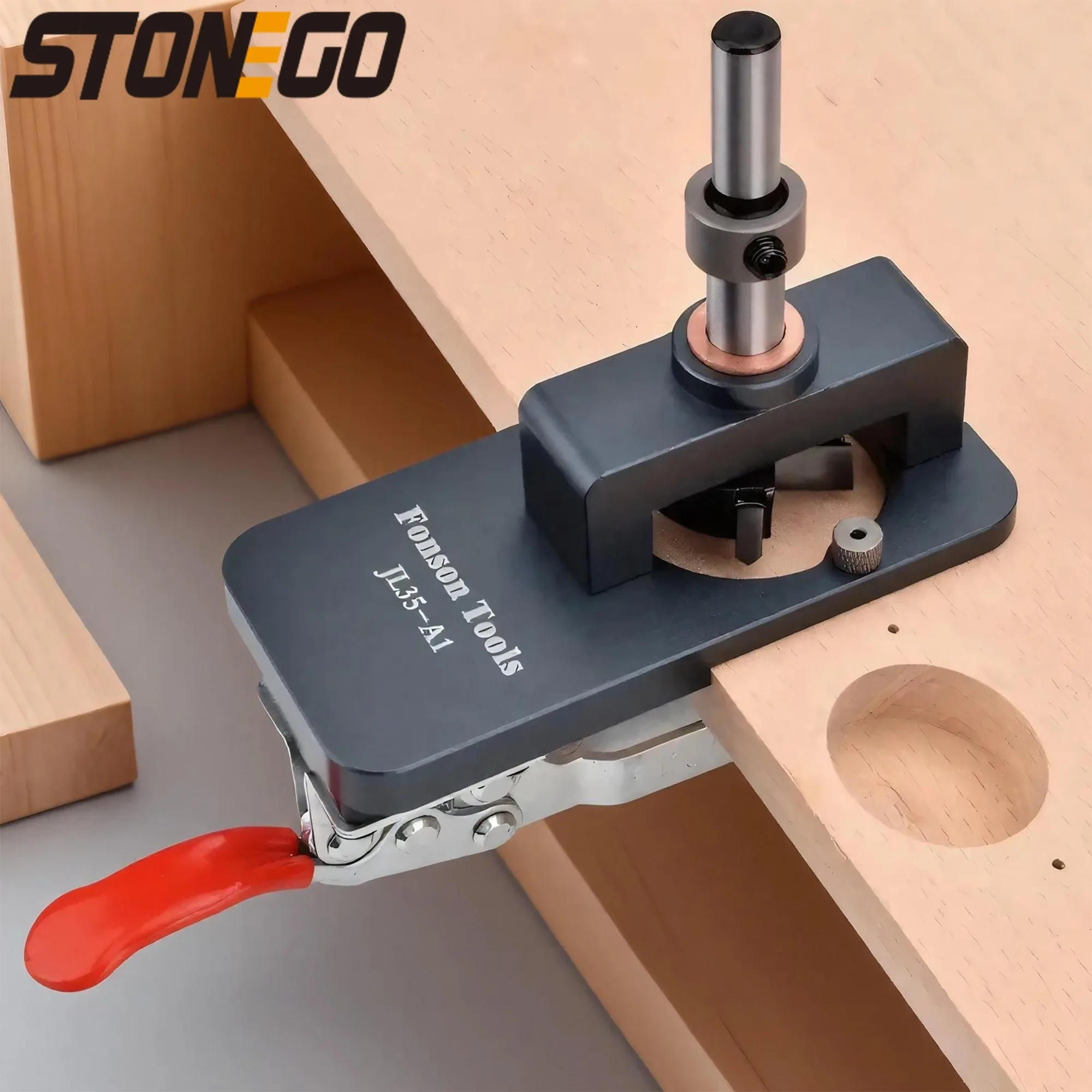 

STONEGO 35MM woodworking hinge hole opener, door panel drilling fixture with adjustable depth limit, high-precision tungsten steel drilling drill bit, cabinet hinge installation locator, invisible hinge slotting drill guide, suitable for DIY furniture